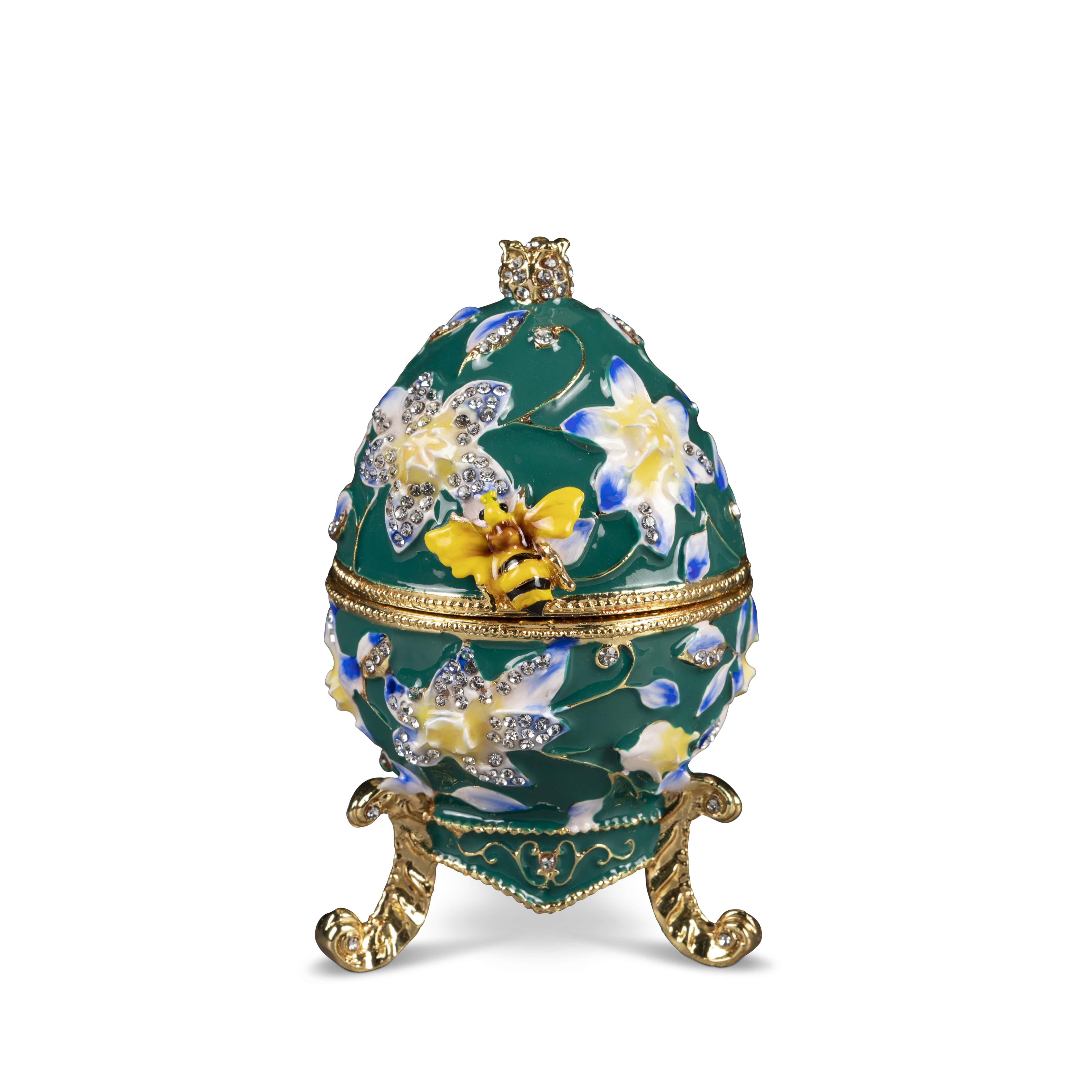 Crown Heritage Collectibles Egg with Bee and Floral Pattern - Green 3.75" Tall Austrian Crystal Jewelry Trinket Box - Crown Heritage Collectibles
