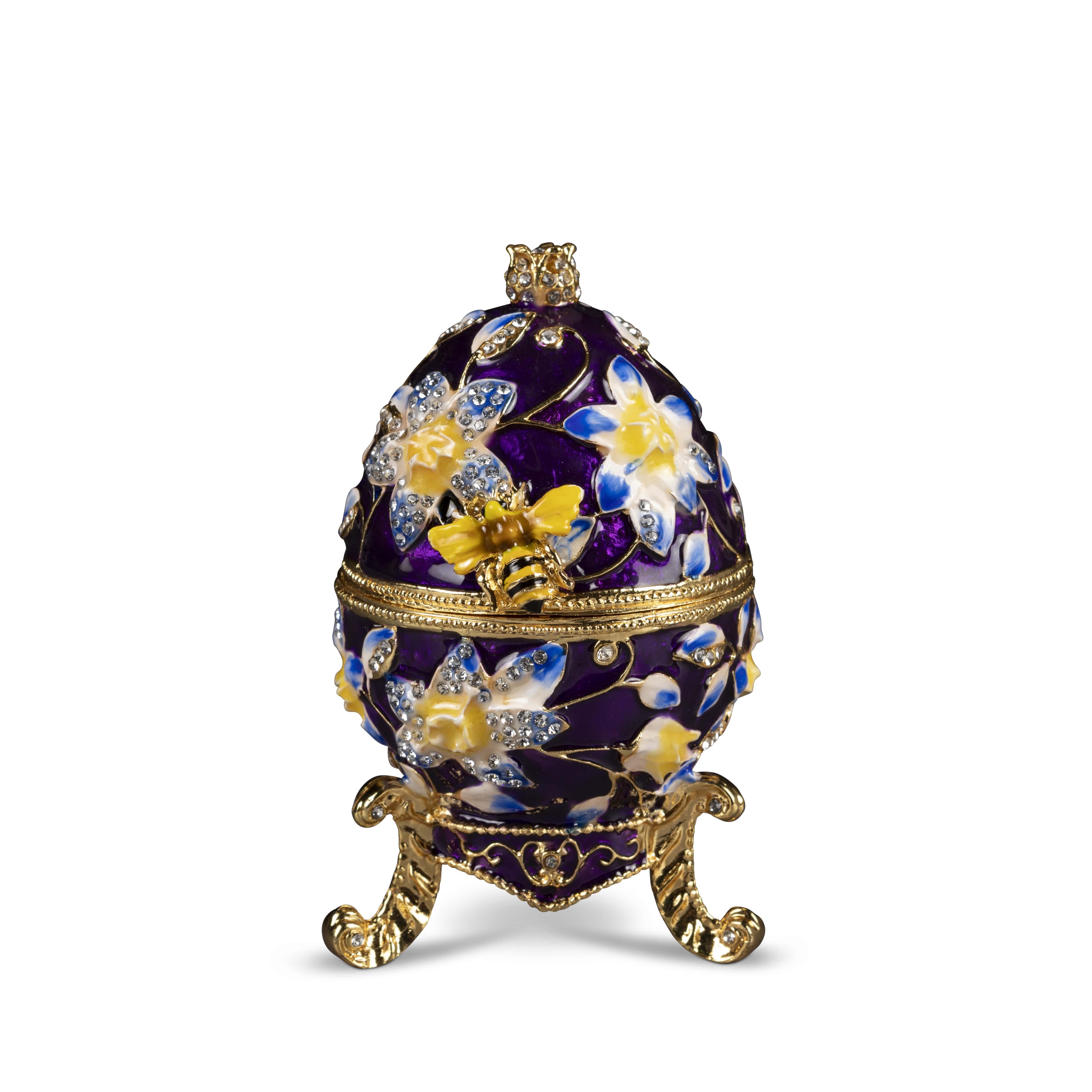 Embrace Elegance: Our Purple Floral Egg with Bee and Austrian Crystals - A Stylish Jewelry Box and Decor Piece, Standing 3.75" Tall. Perfect for Storing Your Precious Trinkets in Style - Crown Heritage Collectibles