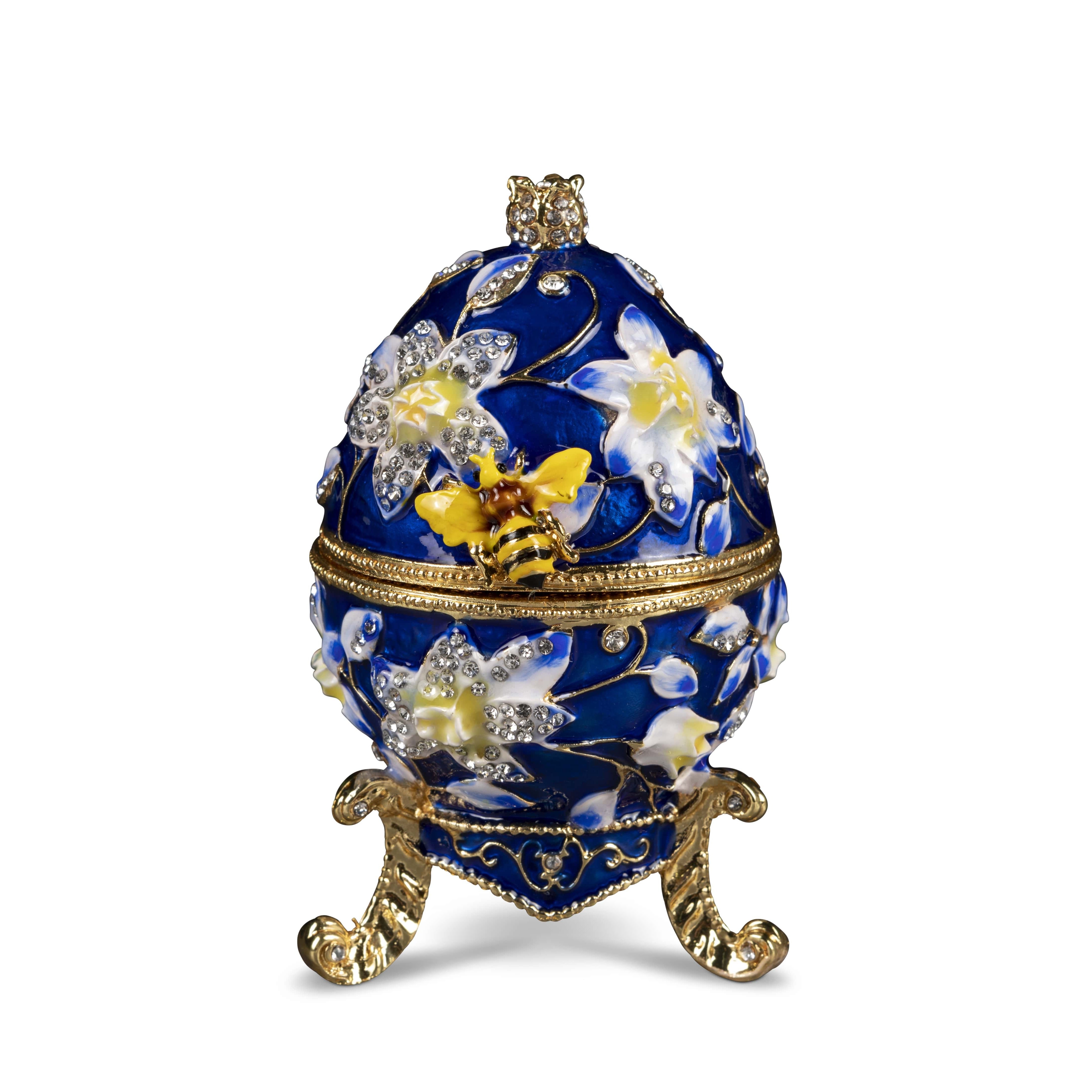 Crown Heritage Collectibles Egg With Bee And Floral Pattern, Blue Austrian Crystals Jewelry Box - 3.75" Tall - Crown Heritage Collectibles