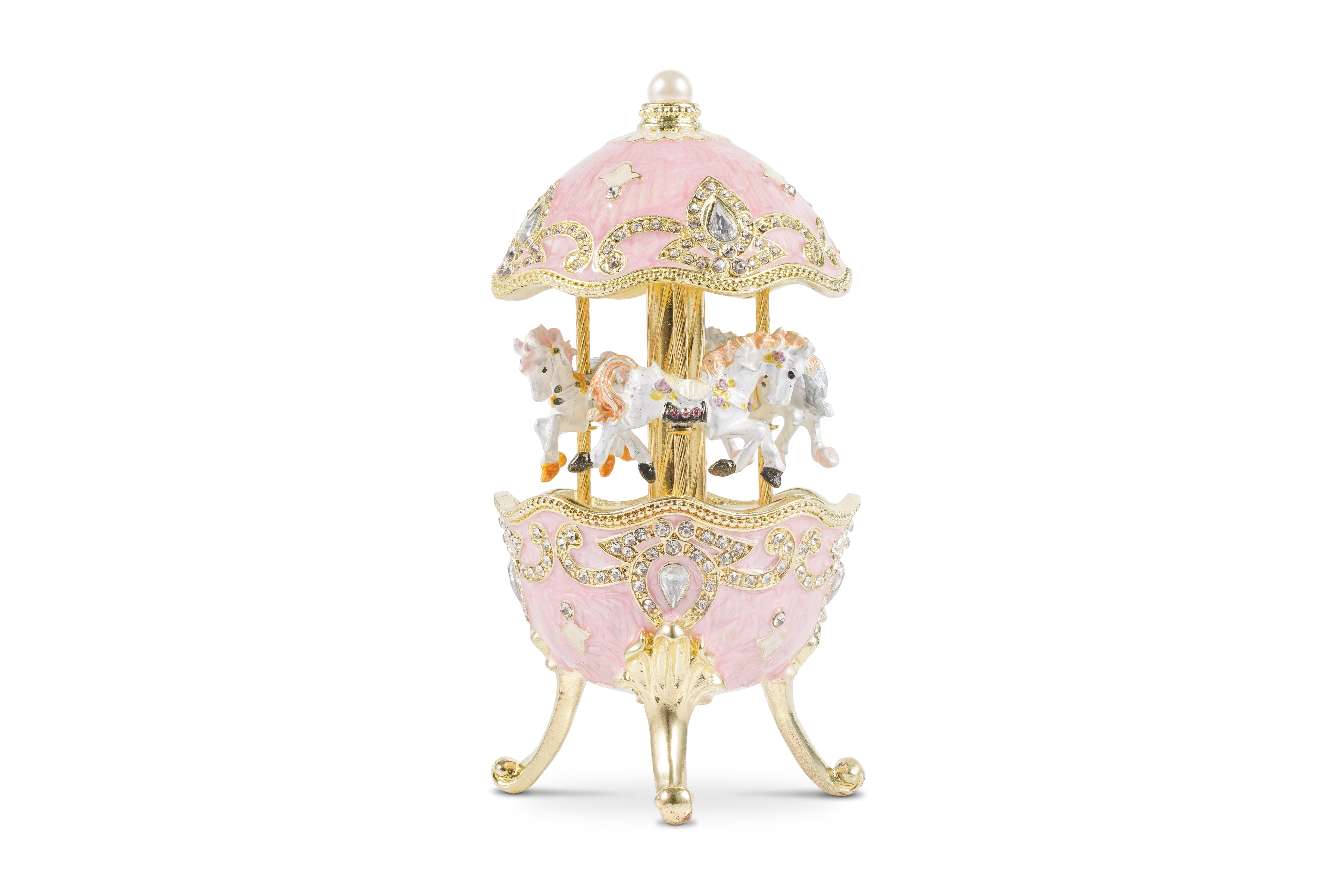 Carousel Horse Music Box - Handmade Peony Pink Home Decor with White Horses Figurines - Plays Edelweiss from The Sound of Music - Gift for Engagement, Mother's Day, Wedding, Birthday - Crown Heritage Collectibles