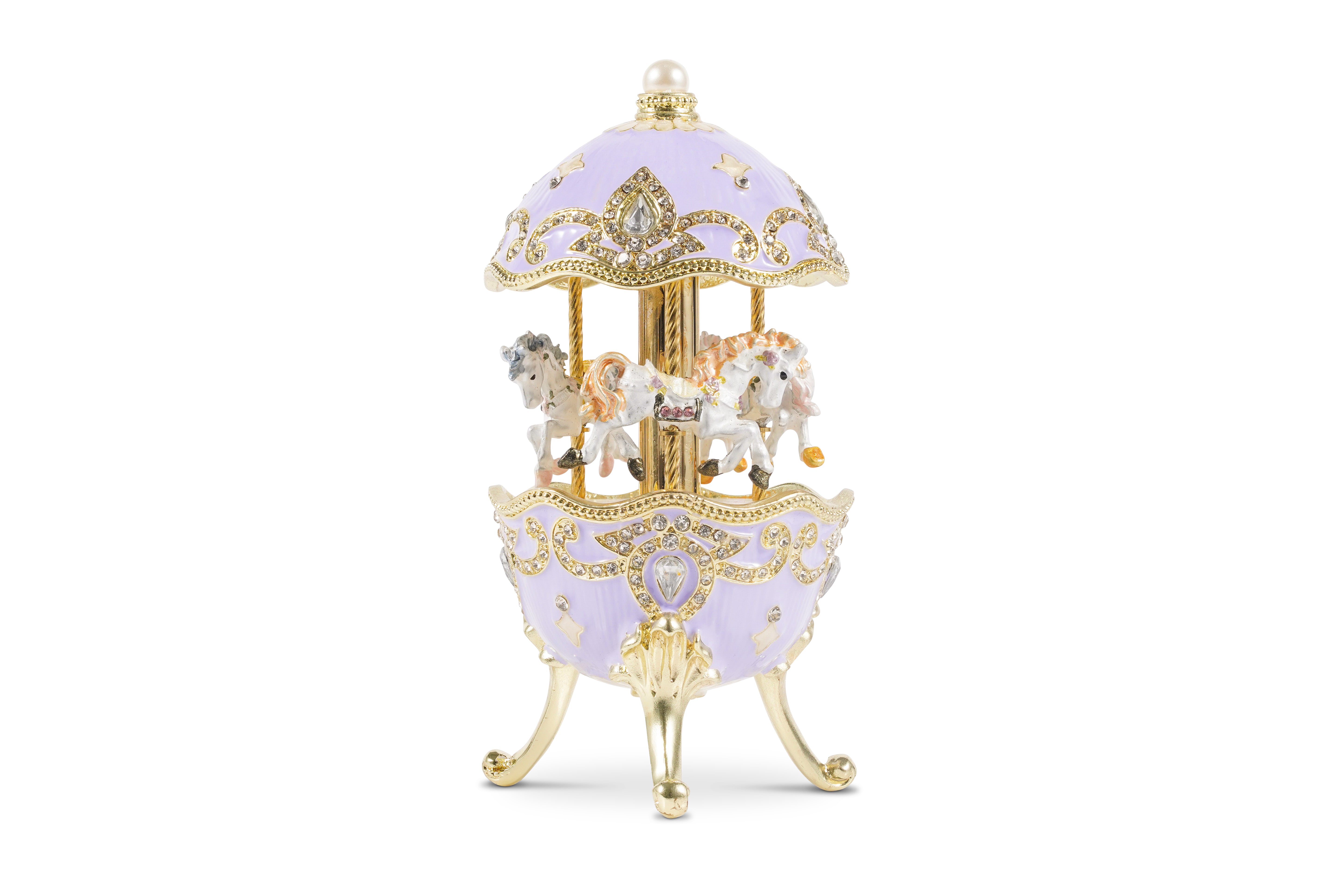 Carousel Horse Music Box With White Horses Figurines Wind Up Musical Handmade Amazing Home Decoration In Lavender Haze, Plays Edelweiss The Sound Of Music - Crown Heritage Collectibles